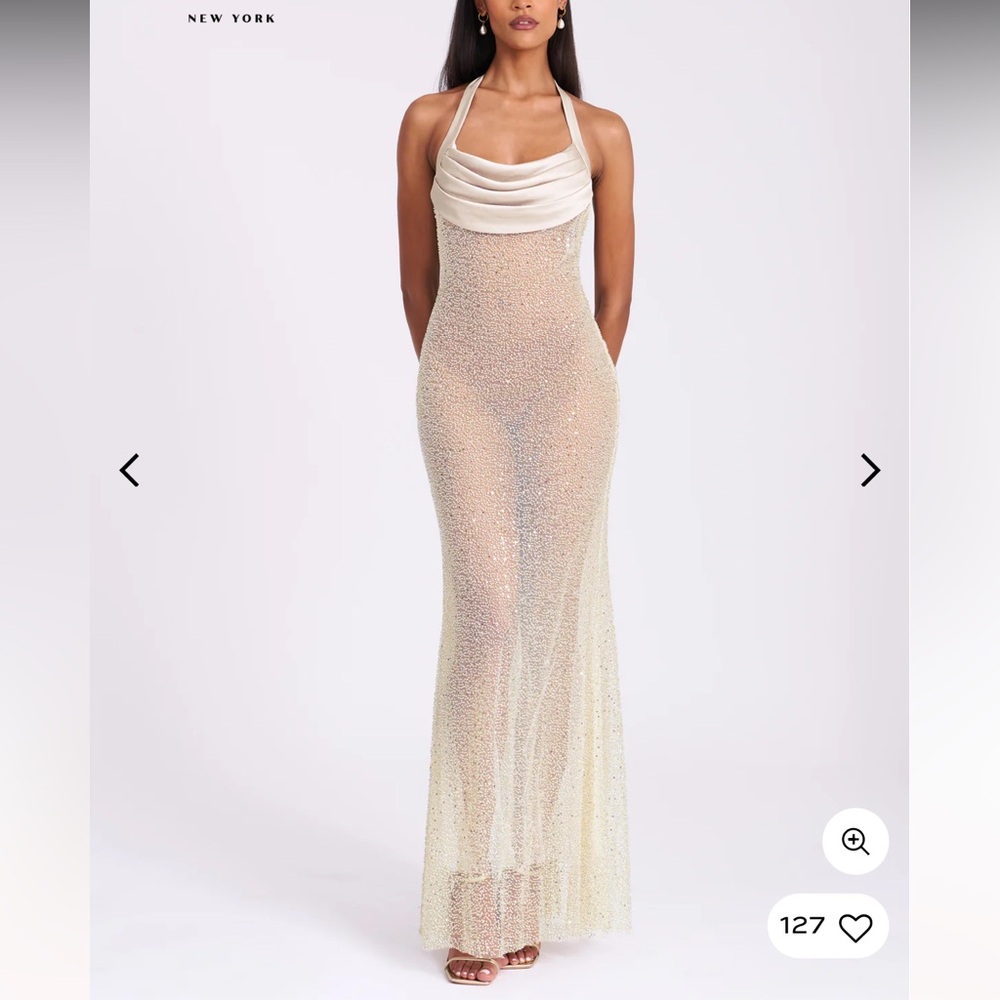 Zahya Lime Halter Backless Beaded Mesh Gown - Picture 4 of 7